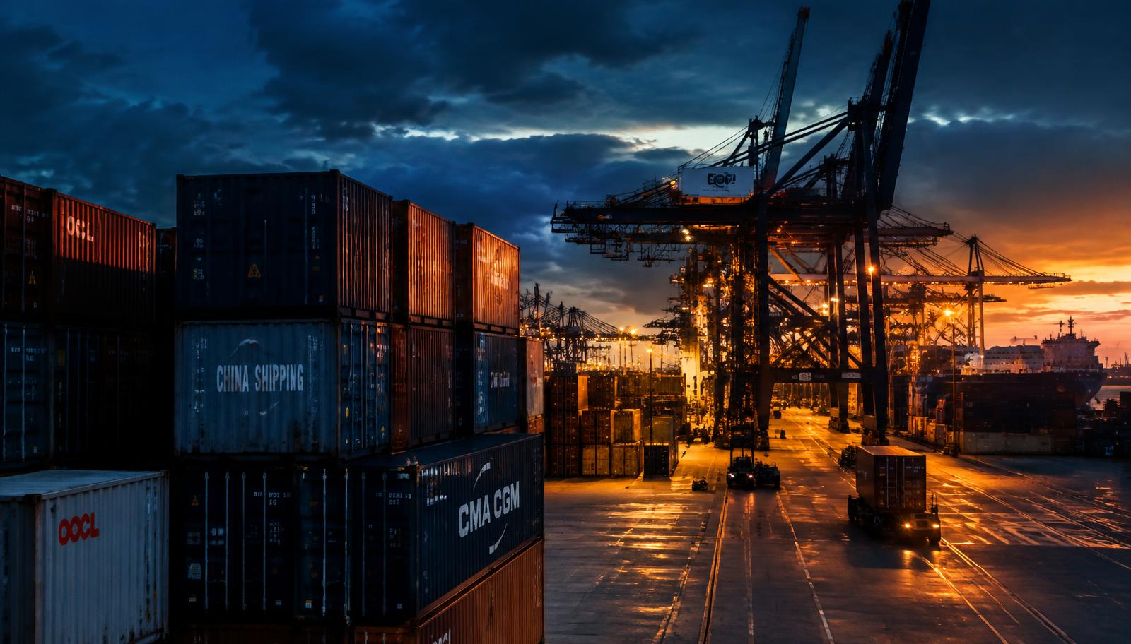 Container port at dusk